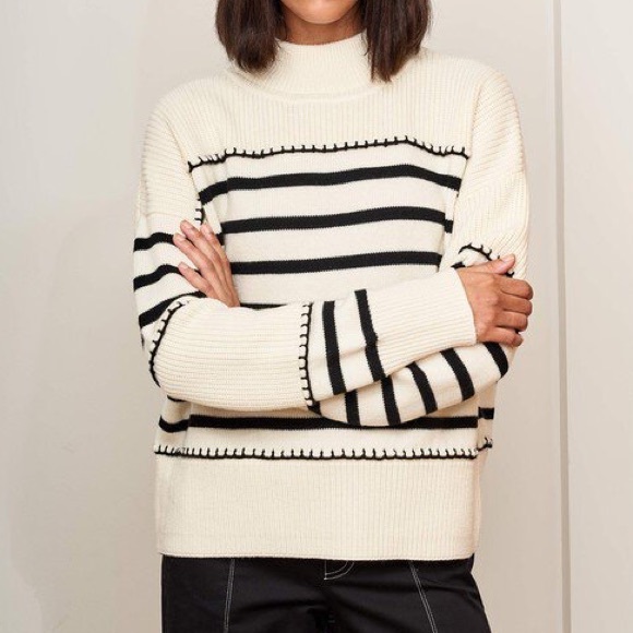 La Ligne Marine Mockneck Cream & Navy Stripe Blanket Stitch Merino Wool Sweater - Picture 3 of 6